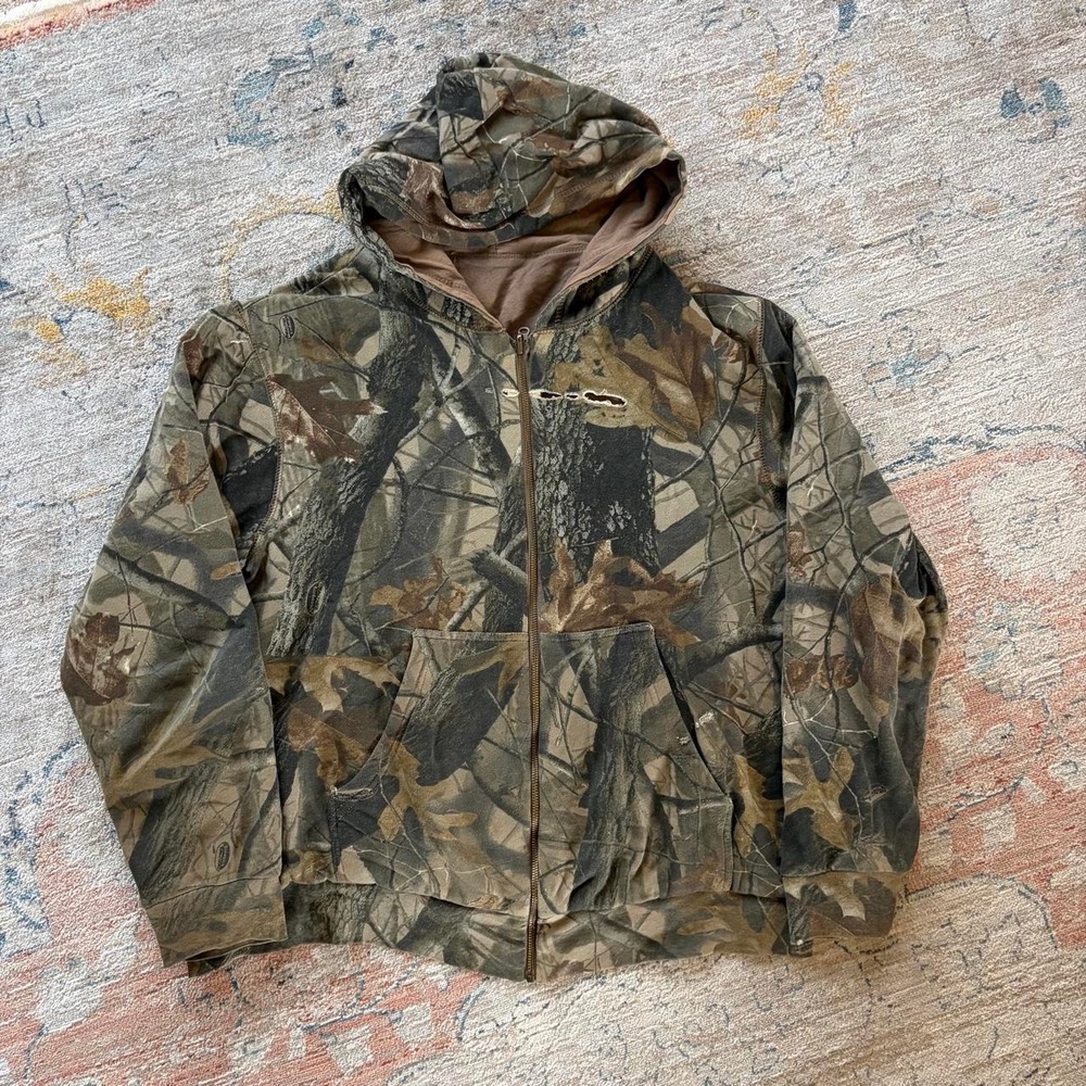 Vintage Realtree Camouflage Reversible Zip Up Hoodie Mens XL Green Brown Camo